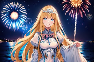 Generate hyper realistic image of a beautiful  celtic girl looking directly at the viewer.  ,light blue eyes, Sweet face and gaze, night time, firework background celebrated 1st anniversary, (intricate details), highly detailed, vibrant, production film, ultra high quality photography style, Extremely Realistic,anime,  1girl, solo, Calca, Calca Bessarez, blonde hair, extremely long hair, very long hair, white tiara, white dress, blue eyes, medium chest, smile, happy, mouth_open