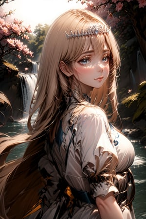 Masterpiece, 1girl, solo, , looking at the viewer, blush, smile, , blue eyes, , closed mouth,, upper body, flower, , outdoors, day,, water, from side, looking to the side, pink flower, , waterfall ,sumi-e background, Calca, Calca Bessarez, blonde hair, (extremely long hair:1.5), very long hair, white tiara, white dress, blue eyes,extremely long hair