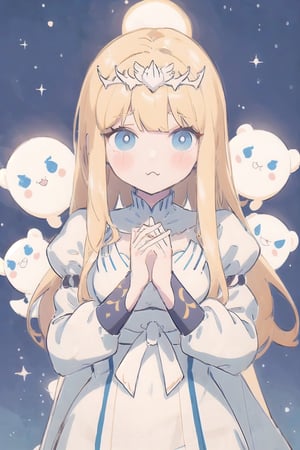 (cute illustration:1.4),(fuwafuwa illustration:1.3),masterpiece, 1girl, blonde hair,,white tiara,（Holding glowing stars in both hands：1.6）,better_hands, calca, extremely long hair, white dress, blue_eyes, long_sleeves