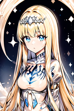 (1girl, Beautifully Aesthetic:1.2), , winter, Magical Sparkling Eyes, Magic Particles; Magic Swirls, in a oit of this world magical frozen landscape,1 girl, solo, Calca, Calca Bessarez, blonde hair, (extremely long hair:1.5), very long hair, white tiara, white dress, blue eyes, extremely long hair, ,medium breast,yello hair color