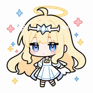 cute, kawaii, chibi, 1girl, angel, long curly hair, blue eyes,  (curly hair:1.2), (wavy hair), (hair curls),, (Double golden halo on her head), , angel wings, ahoge, ,  anime style, cute pose,chibi,, ,Calca, , calca, blonde hair, long hair, medium chest, extremely long hair, very long hair, extra long hair, white tiara, white dress, blue eyes,Calca Bessarez,medium breast