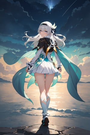 best quality, masterpiece, highres, ,firefly \(honkai: star rail\), 1girl, solo, long hair, smile, blue eyes, closed mouth, looking at viewer, outdoors, bangs, long sleeves, hair ornament, hairband, hair between eyes, cloudy sky, turquoise cape, blue sky, star \(sky\), night sky, white hair, full body, white shirt, flowing white skirt, revealing thighs,viewed_from_behind , standing