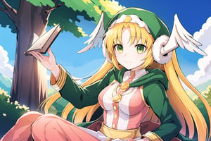  ,sit under tree,read book,  medium chest, Divine Chant, 4th Seat of the Black Scripture, blonde hair, green eye, pink dress, green hood, very long hair, 1girl, solo, angelwing-shaped earmuffs