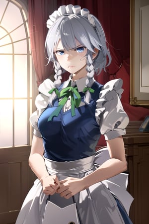 masterpiece, best quality, high-res,  1girl, solo, sakuya1, izayoi sakuya, maid, , grey hair, medium breasts, , , indoors,, serious face, blue eyes, dark blue eyes, green ribbons, indoor, victorian gothic style mansion