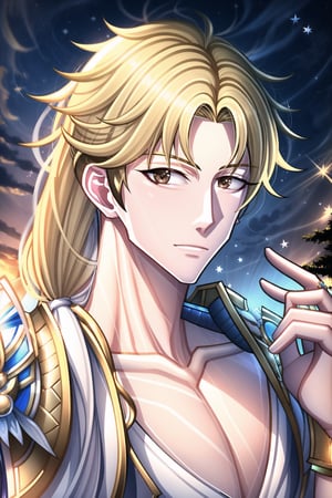 looking at the viewer, upper body,,,Hyouka,1male,blonde hair,brown eyes,one-sided braid,very long hair,one shoulder armor, handsome man, 