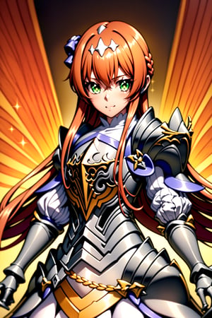 (absurdres,  highres,  ultra detailed),   (anime:1.5)(1girl:1.3),  (beautiful and aesthetic:1.3), (anime:1.5),Lightbringer,Neo Elma,orange hair,very long hair,green eyes,hair ornament,silver armor,female knight,gauntlet