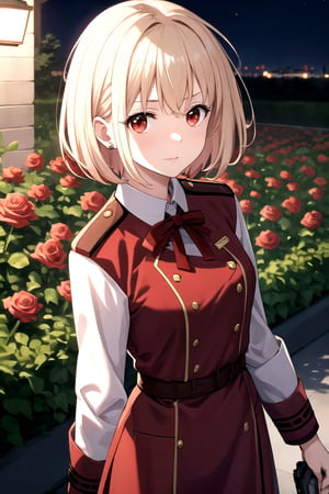 //Quality,
masterpiece, best quality
,//Character,
1girl, solo
,//Fashion,
,//Background,
night, Rose garden
,//Others,
 , 1girl,,, red uniform, short hair, light blonde hair, red eyes, red ribbon on her head,  using gun,,nishikigi chisato,bangs
