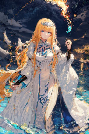 ,1girl, masterpiece, best quality, night sky,, smile, looking at the viewer, standing, fiery eyes,,water magic in hand,  calca, blonde hair, long hair, medium chest, extremely long hair, very long hair, extra long hair, white tiara, white dress, blue eyes,Calca