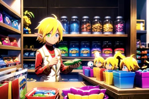 //Quality, (masterpiece), (best quality), 8k illustration,
//Character, 1girl, solo, smile, toy, heterochromia, one green eye on the left of the image, one blue eye on the right of the image, yellow hair, pointy ears
//Fashion, 
//Background,Aura Bella Fiora 
, toy shop, toy shopping, lego toy, snack, sweet, , toy decoration
