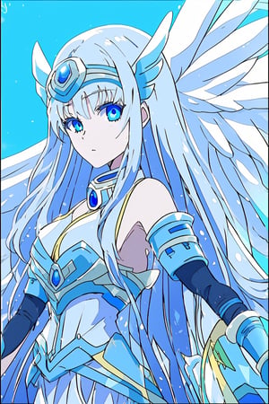 (masterpiece), (best quality) , blue sky (anime style),Noint, , extremely long hair, silver hair, straight hair, light blue eyes, large white wing, feather Wings, hair ornament, silver hair band, off-shoulder, serious face, hand armors, silver neck armor,