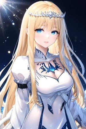 Beautiful girl, masterpiece quality, light particles, looking at viewer,, upper body, Anime Style., highly detailed, 1girl, solo, Calca, Calca Bessarez, blonde hair, (extremely long hair:1.3), very long hair, white tiara, white dress, blue eyes, medium chest,