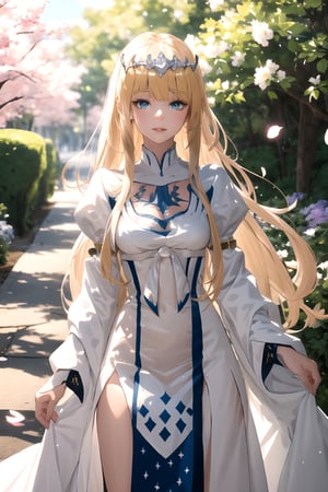 A mature girl,,eyeshadow,masterpiece,absurdres,best quality,,,sakura tree,,scattered petals,bokeh,blurry foreground, 1girl, solo, Calca, Calca Bessarez, blonde hair, extremely long hair, very long hair, white tiara, white dress, blue eyes, medium chest