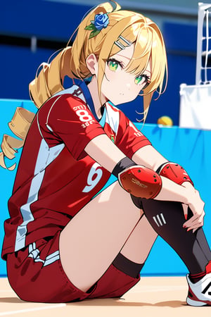 Masterpiece, Top Quality, Aesthetic, Score 9 Up, Score 8 Up, Score 7 Up, Score 6 Up, Sitting, Ball, white blue red Sportswear, Knee Pads, Elbow Pads, Hands on Own Knees, Volleyball, Volleyball Uniform, Jersey,flat style, green eyes, drill_hair, long drill_hair, blonde hair, blue rose hair ornament, 