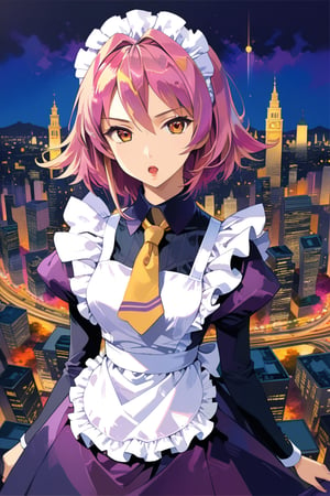 Very beautiful girl  masterpiece, illustration, extremely detailed, beautiful detailed eyes, beautiful detailed mouth, golden hair, (bright colors:1.4), city on background , 1girl, solo, dark purple maid dress, white apron, white maid headband, (yellow double neckties:1.2), puffy sleeve, long sleeve, dark pink hair, (sidelock:1.2), short hair, dark pink eyes, mature female