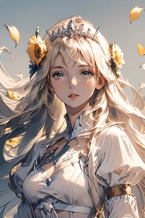 1girl, solo, looking at the viewer, parted lips,, gradient, petals, gradient background, eyelashes,, portrait, yellow flower,Calca, , calca, blonde hair, medium chest, extremely long hair, very long hair, extra long hair, white tiara, white dress, blue eyes,Calca Bessarez,medium breast