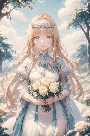 An exquisite portrait of a princess-like beauty, surrounded by lush florals in a serene flower garden under soft, natural light. Her transparent blue eyes sparkle, and delicate hair cascades down her back as she wears a tiara and holds a radiant bouquet with, radiating joy. Framed from a cowboy-inspired angle, the camera captures every exquisite detail in 8k resolution, creating an unforgettable masterpiece.,card,  1girl, solo, Calca, Calca Bessarez, blonde hair, (extremely long hair:1.4), very long hair, white tiara, white dress, blue eyes, medium chest, medium breast,