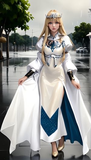 ultra Realistic, ,elegg, beautiful girl,, play in the rain.,, long shot, full body, 1girl, solo, Calca, Calca Bessarez, blonde hair, (extremely long hair:1.3), very long hair, white tiara, white dress, blue eyes, medium chest,extremely long hair, blunt_bangs, bangs