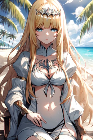 1 girl, alone, High detail, masterpiece, best quality, 8K, high resolution, masterpiece, best quality, ultra-detailed, illustration,, , medium chest, , beach, palm trees, beach chair,, bikini, Calca, , calca, blonde hair, long hair, medium chest, extremely long hair, very long hair, extra long hair, white tiara,, blue eyes,Calca Bessarez,medium breast