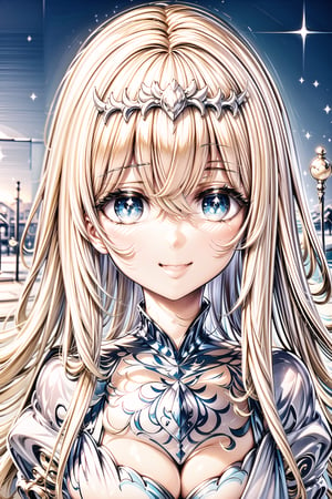 Masterpiece, beautiful details, perfect focus, 8K wallpaper, high resolution,
clear sparkling eyes, smile, happy, 1girl, solo, Calca, Calca Bessarez, blonde hair, (extremely long hair:1.3), very long hair, white tiara, white dress, blue eyes, medium chest,