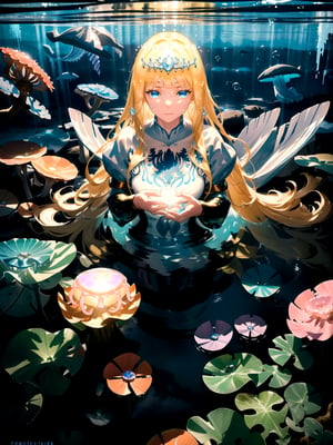 1girl, colossal, facial mark, light particles, depth of field, dark seas, water, underwater, sea foliage foreground, colorful, underwater cave, dripstone, stalactite, stalagmite,  buccaneer, fur-trimmed cape,  corals, sea anemone, sea weed, coral reef scenery, golden treasure, golden pile, water caustics, glowing jellyfish, bubbles, treasure chest, from above, close-up, highres, calca, blonde hair, long hair, medium chest, extremely long hair, very long hair, extra lonh hair, white tiara, white dress, blue eyes