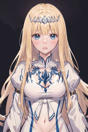 1girl, solo, , looking at viewer, , upper body, parted lips, , , , lips, ,, Calca, Calca Bessarez, blonde hair, extremely long hair, very long hair, white tiara, white dress, blue eyes, medium chest,