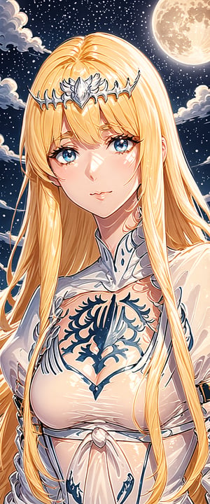 1girl, solo, long hair, sky, cloud, night, glowing, moon, night sky, full moon,  Calca, Calca Bessarez, blonde hair, (extremely long hair:1.3), very long hair, white tiara, white dress, blue eyes, medium breast, extremely long hair, upper body, close up