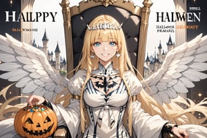 magazine, magazine cover, score_9, score_8_up, masterpiece, best quality, highres, BREAK, solo, smile, female focus, earrings,
(masterpiece), (best quality), 8k illustration, solo, in hall, palace, throne,  (Halloween party:1.4), (Halloween decoration:1.4), blonde hair,Calca,Calca Bessarez,1girl,(extremely long hair:1.3),white tiara,white dress,blue eyes,medium chest,blunt bangs,
1angel, (enormous white wings:1.3), (very big wings:1.2), upper wings, himecut