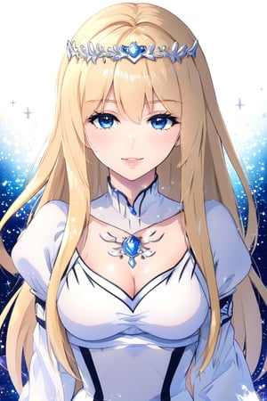 Beautiful girl, , masterpiece quality, light particles, face, at the viewer, , upper body, Anime Style., highly detailed, 1girl, solo, Calca, Calca Bessarez, blonde hair, (extremely long hair:1.3), very long hair, white tiara, white dress, blue eyes, medium chest,