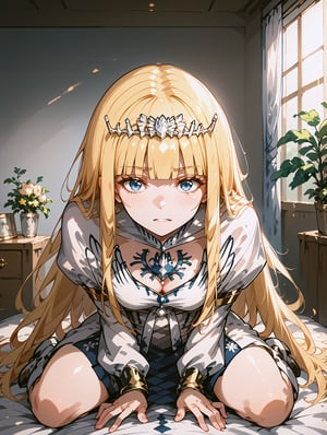 score_9, score_8_up, score_7_up, score_6_up, score_5_up, score_4_up, source_anime, BREAK 1girl, solo,  sitting, girl on top, bed, downblouse, indoors,Calca,Calca Bessarez,blonde hair,(extremely long hair:1.3),white tiara,white dress,blue eyes,medium chest,blunt bangs