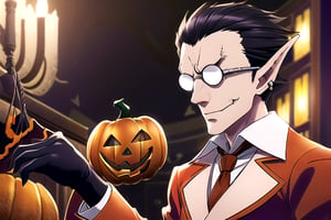 (((masterpiece))),best quality, illustration,(detailed male), (Hallloween party:1.4), pumpkins, surrounded by pumpkins, detailed lighting, detailed fire, haunted house, cancel light, horror atmosphere, (detailed eyes), expressionless,,demiurge, orange suit, orange trouser, Orange Necktie, Silver Round Glasses, short hair, pointy ears, black hair, Diamond Eyes, long metal tail, black gloves, demiurge, (Halloween outfit:1.4), villain, bat