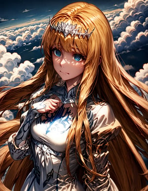 from above.dutch angle.close up.face focus.A female is flying. @_@, wavy mouth, above the clouds, background blurred,niji5, 1girl, solo, Calca, Calca Bessarez, blonde hair, (extremely long hair:1.3), very long hair, white tiara, white dress, blue eyes, medium chest, slim body