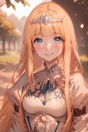 , looking at viewer, blush, smile,  light particles,Cute Anime, 1girl, solo, Calca, Calca Bessarez, blonde hair, (extremely long hair:1.3), very long hair, white tiara, white dress, blue eyes, medium chest,extremely long hair, blunt_bangs, bangs