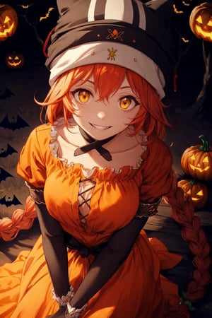 sitting, light smile, (Woman dressed in a spooky Halloween costume:1.3), (Halloween outfit:1.3) holding a carved pumpkin, surrounded by pumpkin, from above, skill decoration, skeleton decoration, Halloween accessories, 
lupusregina beta, evil grin, acrobatic pose, outdoors, dark forest, death trees, night time, BETA, masterpiece, best quality, high quality, highres, absurdres, 1girl, solo, orrange animal hat, anime coloring, maid, upper body, puffy short sleeves, (orange headwear:1.3), collarbone, parody, official style, choker, alternate costume, bridal gauntlets, (orange dress:1.3), shirt, ess, orange dress, frills, long sleeves, maid, orange maid headdress, puffy sleeves, looking at viewer, masterpiece, best quality, high resolution, orange theme, (extremely long double braided hair:1.2), (dark red hair:1.2)
