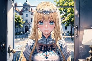 1girl, solo, mature female, 25-year old, looking at viewer, blush, , ,  closed mouth, blue hair,upper body,  indoors,  door, peeking out, open door,  Calca, Calca Bessarez, blonde hair, extremely long hair, very long hair, white tiara, white dress, blue eyes, medium chest