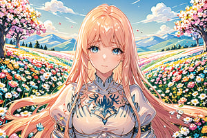 best quality, masterpiece, illustration, incredibly absurdres, 1girl, girl middle of flower, pure sky,clear sky, outside, absurdly long hair, fantastic scenery, the ground of flowers, thousand of flowers, colorful flowers, flowers around her, various flowers, close up, upper body