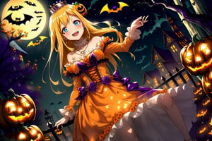 dancing, light smile, orange witch, (Woman dressed in a orange spooky Halloween costume:1.3), holding a small dark blue box, pumpkins decoration, score_9, score_8_up, score_7_up, source_anime, rennertheierechardelonrylevaiself, renner theiere chardelon ryle vaiself, long hair, blue eyes, blonde hair, hair ornament, very long hair, flower, hair flower, light smile, too much blushing, orange long sleeves, Halloween dress, jewelry, white puffy sleeves, necklace, orange dress, crown, princess, frills, indoors, night, night sky, moonlight, moon, Halloween curtains, window, looking at viewer, cowboy shot, dutch angle,  (Halloween party:1.4), (Halloween decoration:1.4), pumpkin, bat, death tree, grave yard, outdoor, Horror atmosphere,