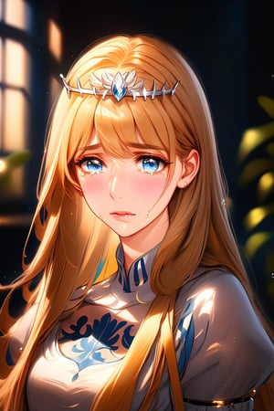 1girl, solo, masterpiece quality, looking at the viewer, blush, blue eyes, tears, blurry, eyelashes, crying, portrait, medium shot, reflection, crying with eyes open, Eyes, Calca, Calca Bessarez, blonde hair, (extremely long hair:1.5), very long hair, white tiara, white dress, blue eyes,extremely long hair