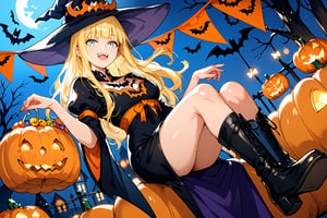 score_9, score_8_up, score_7_up, 1girl,, halloween dress, white bat wings, multiple bat, orange bat ears, black boots, floating, sitting on pumpkin, from below, looking at viewer, smug, closed mouth, outdoors, night, fangs, glitter eyes, (Halloween party:1.4), (Halloween decoration:1.4),Calca,Calca Bessarez,blonde hair,(extremely long hair:1.3), orange tiara, black witch dress, light blue eyes,medium chest,blunt bangs, mature female, open mouth 