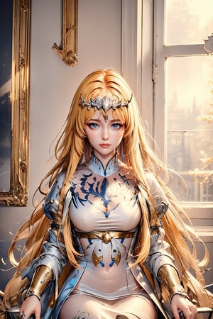 sits regally on a golden throne,Soft, warm light casts a gentle glow on her skin as she gazes out into the distance, her eyes seeming to hold the secrets.  the soft illumination, , 1girl, solo, Calca, Calca Bessarez, blonde hair, (extremely long hair:1.3), very long hair, white tiara, white dress, blue eyes, medium chest, medium breast, yellow hair color