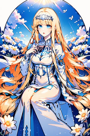 (masterpiece, best quality, highres:1.3), ultra resolution image, (1girl), (solo), ,  wonderland, sunlight, flowers, colorful, hold white flowers, dreamy, , 1girl, solo, Calca, Calca Bessarez, blonde hair, (extremely long hair:1.5), very long hair, white tiara, white dress, blue eyes,