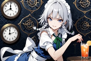 Masterpiece, looking at the viewer, smiling, upper body, open lips, nail polish, gothic pattern background, cup, clock, straw, drink, glass, ice,ink paint,Sakuya,Sakuya Izayoi,blue maid outfit,white apron,white maid headband,silver short hair,twin braided hair,blue eyes,green ribbons on her sidelock,big green bowtie, 1girl, solo, 25 years old, serious face, slim body, 