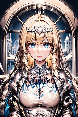 1girl, masterpiece, incredibly absurdness, best quality, looking at the viewer, facing viewer, high detail eyes, nighttime, elegant castle hall, side lighting, low lighting, glowing effect, stained glass, night sky, moon,indoors,, solo, Calca, calca, blonde hair, long hair, medium chest, extremely long hair, very long hair, extra long hair, white tiara, white dress, blue eyes,