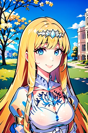 Pretty and charming girl. Hyperdetailing masterpiece, hyperdetailing skin, masterpiece quality, with 4k resolution. Charming smile., . Mansion in the background., 1girl, solo, Calca, Calca Bessarez, blonde hair, (extremely long hair:1.4), very long hair, white tiara, white dress, blue eyes, medium chest, close up, upper body