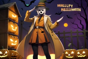 (masterpiece), (best quality), 8k illustration, , 
, 1male, solo, , Neutral mask, face man, four fingers, dark eyes, orange hat, orange trench coat, orange German soldier uniform, black necktie, orrange boots, pandora's actor, open mouth, black mouth, Pandora's Actor, salute pose,  (Halloween party:1.4), (Halloween decoration:1.4), pumpkin, bat, death tree, grave yard, outdoor, Horror atmosphere,, masterpiece, best quality, outdoor, graveyard, tomb, night time, full of ghost, surrounded by ghost