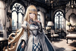 1girl, solo, beautiful blue eyes, Calca, Calca Bessarez, blonde hair, (extremely long hair:1.5), very long hair, white tiara, white dress, blue eyes,, , extremely long hair, in luxurious room, victorian gothic style room, window, day light, perfect light, smile