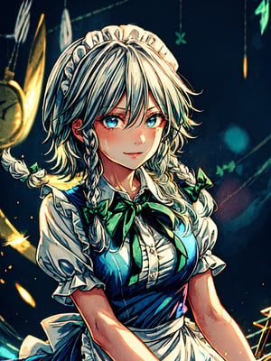 ((masterpiece, best quality, highres:1.2)) centered, close-up, 1girl, mature female,,  glossy lips, crazy smile, glowing eyes, looking at the camera, dual-tone light source, colorful set, backlight, body up, makeup, glow sparkle, light summer dress,  water drops in the skin,,izayoi_sakuya_touhou, solo, ,izayoi_sakuya_touhou, Sakuya, Sakuya Izayoi, blue maid outfit, white apron, white maid headband, silver hair, two braided hair, short hair, blue eyes, blue eyes, two green ribbons on her braided hair, green bowtie, braid,, twin_braids, maid_headdress