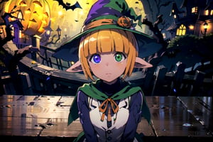 
(masterpiece), (best quality), 8k illustration
, , solo,  , , heterochromia, (one blue eye on the left of the image, one green eye on the right of image:1.3), pointy ears
1child, Halloween wallpaper, Halloween background, orange and yellow theme, mare bello fiore, in death tree garden, black rose, (Halloween party:1.4), (Halloween decoration:1.4), (orange witch dress:1.4), indoor, in haunted house, surrounded by pumpkins 