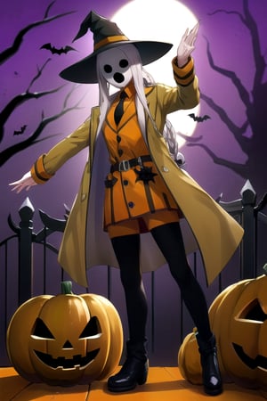 (masterpiece), (best quality), 8k illustration, , 
, 1male, solo, , Neutral mask, face man, four fingers, dark eyes, orange hat, orange trench coat, orange German soldier uniform, black necktie, orrange boots, pandora's actor, open mouth, black mouth, Pandora's Actor, salute pose,  (Halloween party:1.4), (Halloween decoration:1.4), pumpkin, bat, death tree, grave yard, outdoor, Horror atmosphere,, masterpiece, best quality, outdoor, graveyard, tomb, night time, full of ghost, surrounded by ghost