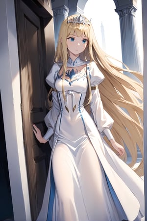 masterpiece, best quality,detailed, vibrant color, 1girl, solo, ,arm behind the back, white theme, ,, ancient city, , , Scared and hiding in the corner, 1girl, solo, Calca, Calca Bessarez, blonde hair, extremely long hair, very long hair, white tiara, white dress, blue eyes, medium chest,

