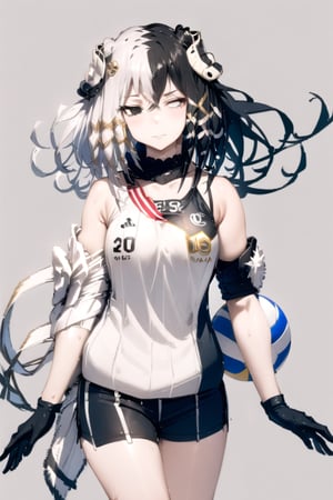 1girl,, cowboy shot, playing sports, shorts, sleeveless, sportswear,, volleyball, volleyball uniform, masterpiece, best quality, very aesthetic, absurdres,Antilene_Heran_Fouche \(overlord\),  heterochromia, (left black eye:1.2), (right silver eye:1.2), (left silver hair:1.2), (right black hair:1.2), black glove, hair ornament, Olympic outfit